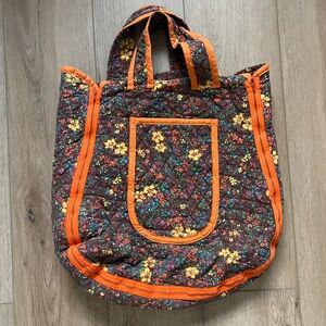 Handmade Quilted Floral Tote Bag/Blanket with Orange Trim